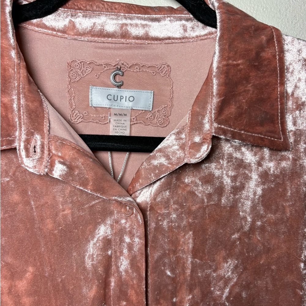 Cupio Women’s Crushed Velvet Dusty Rose High Low Button Down Blouse Size M - Picture 3 of 8
